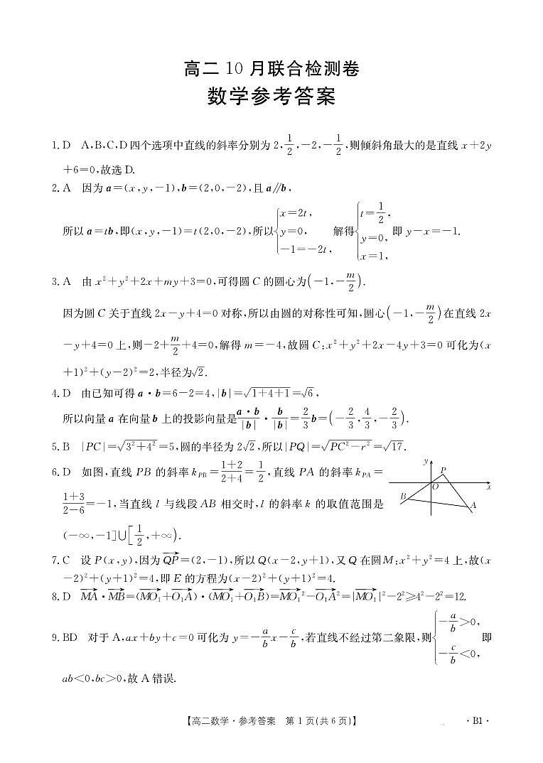 广西部分名校2024-2025学年高二上学期10月联合检测数学试题01