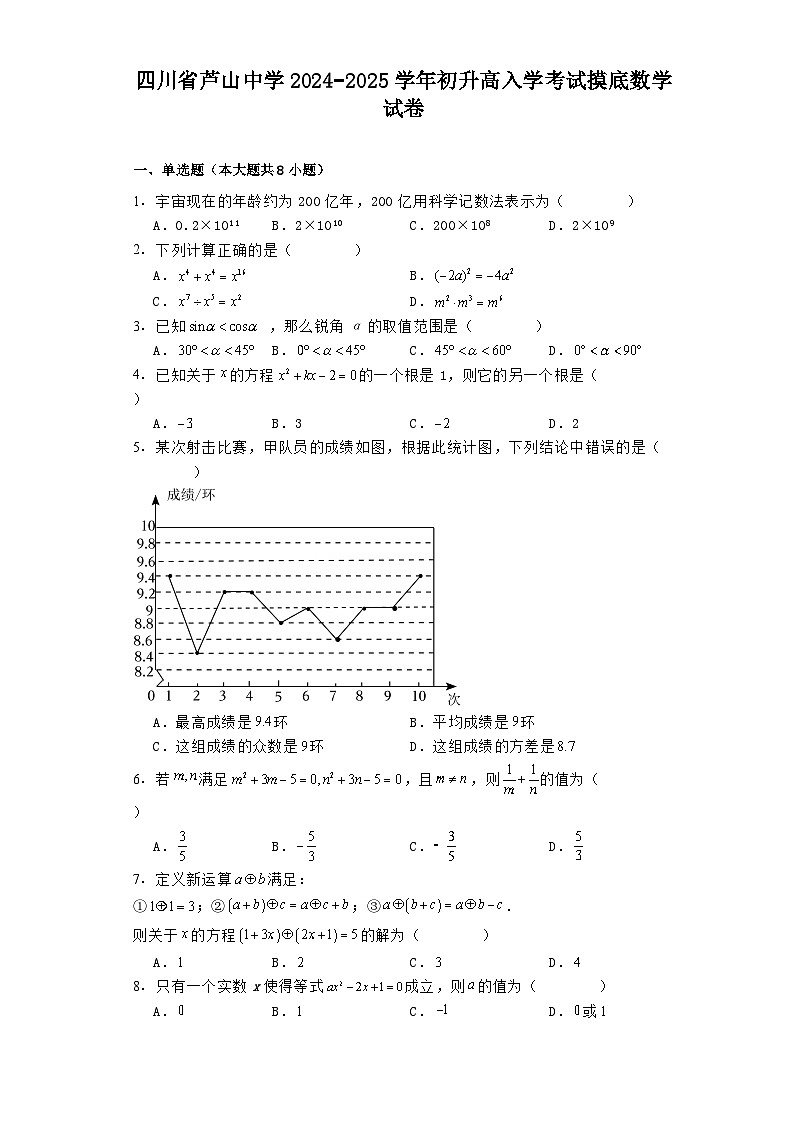 四川省芦山中学2024−2025学年初升高高一上学期入学考试摸底 数学试卷（含解析）第1页