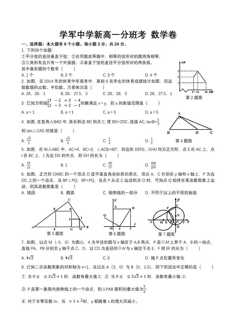 浙江省杭州学军中学2024年新高一分班考试数学试题第1页