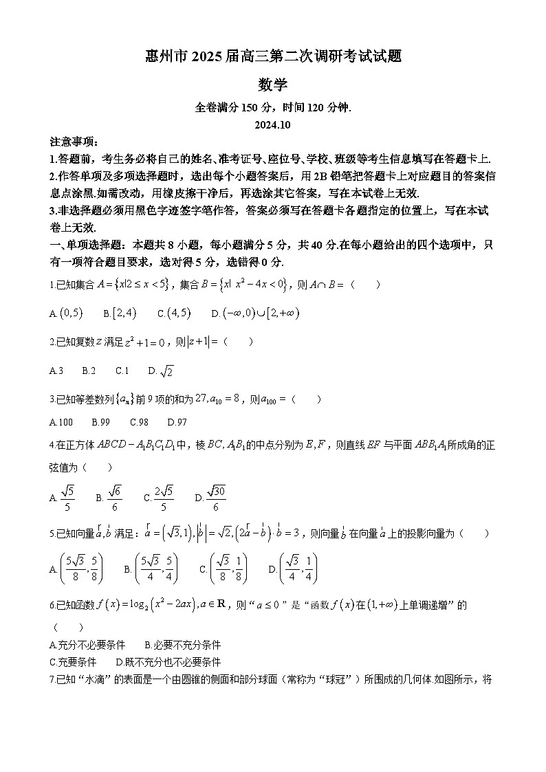 广东省惠州市2024-2025学年高三上学期第二次调研考试数学试卷（Word版附解析）第1页