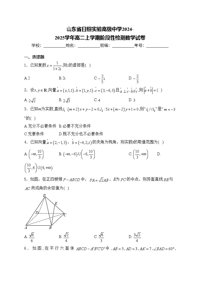 山东省日照实验高级中学2024-2025学年高二上学期阶段性检测数学试卷(含答案)第1页