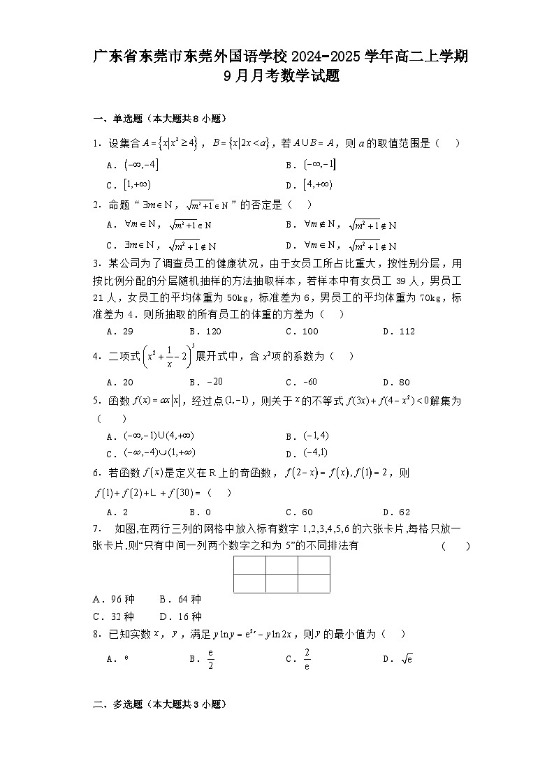 广东省东莞市东莞外国语学校2024−2025学年高二上学期9月月考 数学试题（含解析）第1页