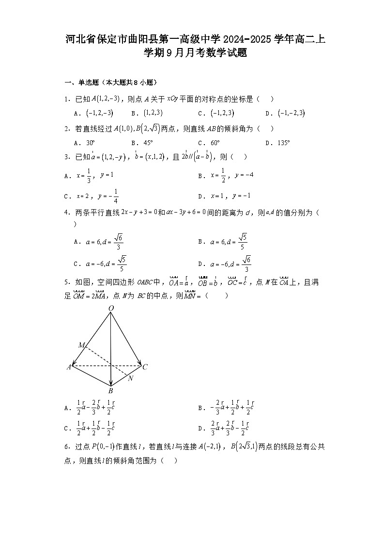 河北省保定市曲阳县第一高级中学2024−2025学年高二上学期9月月考 数学试题（含解析）第1页