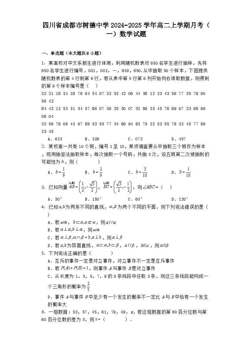 四川省成都市树德中学2024−2025学年高二上学期月考（一） 数学试题（含解析）第1页