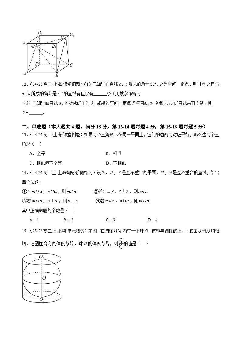 期中押题重难点检测卷（提高卷）（考试范围：空间直线与平面、简单几何体） -2024-2025学年高二数学重难点专题提升精讲精练  （沪教版2020必修第三册）（原卷版） 第3页