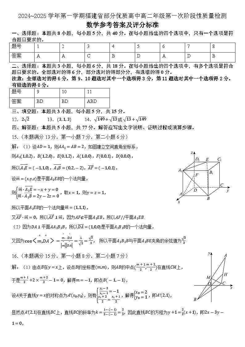 2024~2025学年第一学期福建省部分优质高中高二年级第一次阶段性质量检测参考答案及评分标准第1页