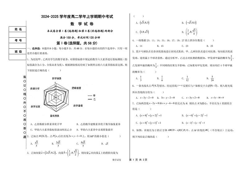 2024-2025学年度高二学年上学期期中考试数学试卷第1页