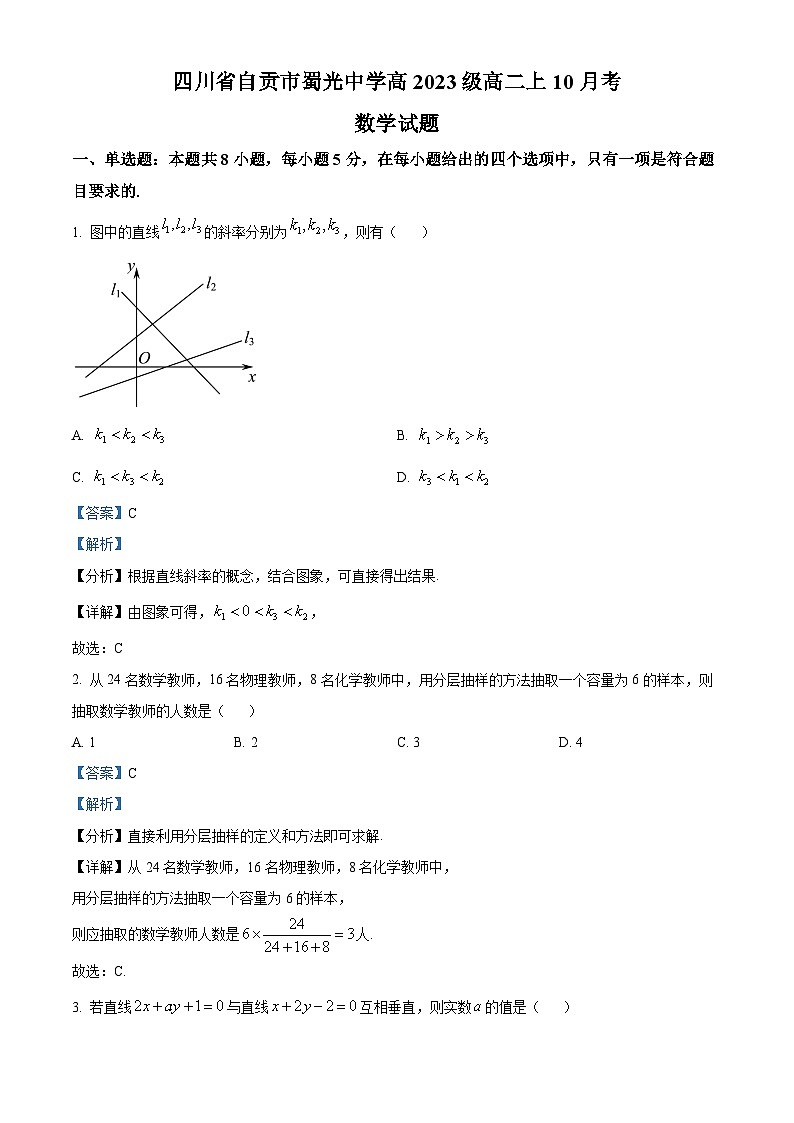 四川省自贡市蜀光中学2024-2025学年高二上学期10月月考数学试题 Word版含解析第1页