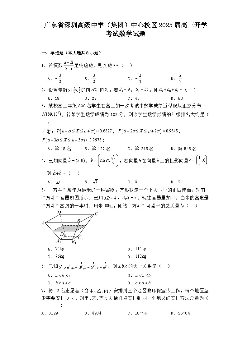 广东省深圳高级中学（集团）中心校区2025届高三上学期开学考试 数学试题（含解析）第1页