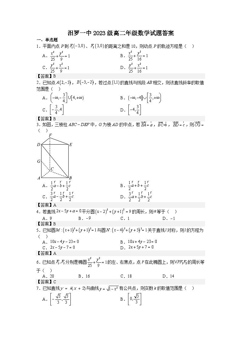 汨罗一中2023级高二年级数学试题答案第1页