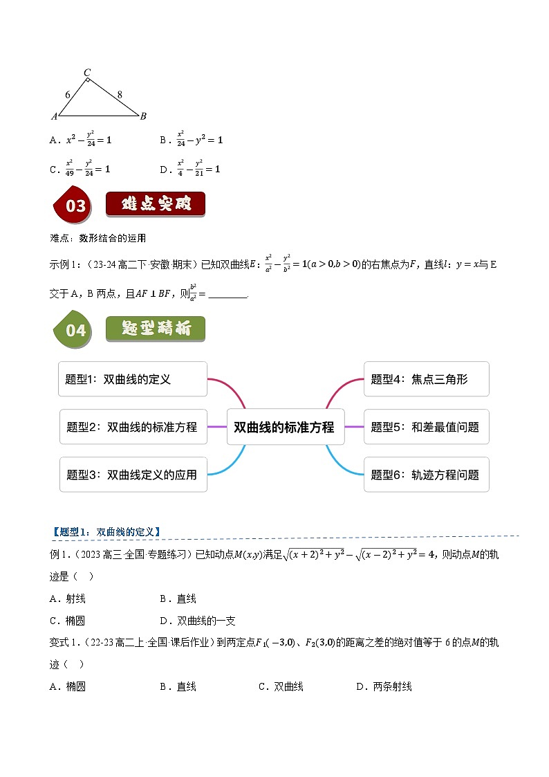 2.6.1双曲线的标准方程（2知识点+6题型+巩固训练）（原卷版）-2024-2025学年高二数学同步学与练（人教B版2019选择性必修第一册）第3页