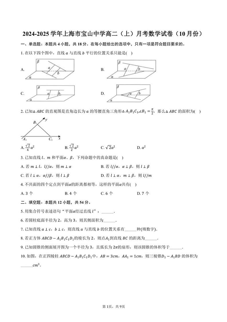 2024～2025学年上海市宝山中学高二（上）月考数学试卷（10月份）（含答案）01