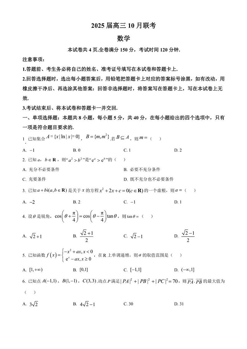 2025届湖南省部分学校高三上学期10月月考数学试题（含答案）第1页