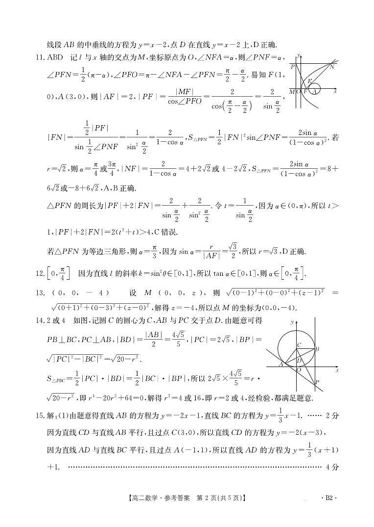 河南省许平汝名校2024-2025学年高二上学期第二次月考数学试题参考答案第2页