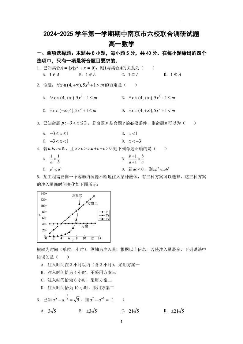 江苏南京六校2024年高一上学期期中联考数学试题+答案01