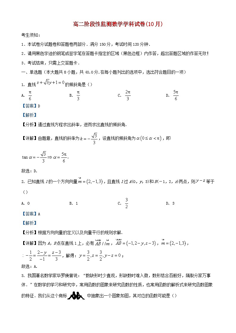 浙江省杭州市2023_2024学年高二数学上学期10月阶段性监测试题含解析第1页