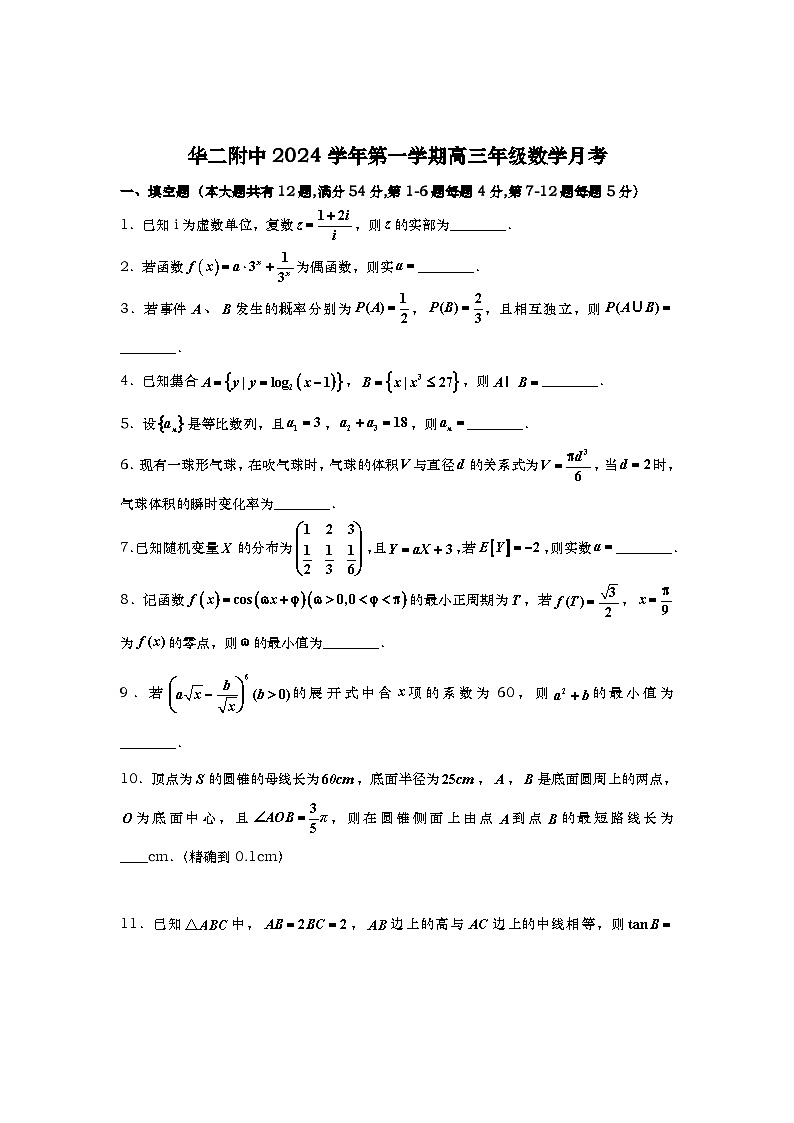 上海市华东师范大学第二附属中学2024-2025学年高三上学期9月月考 数学试题01