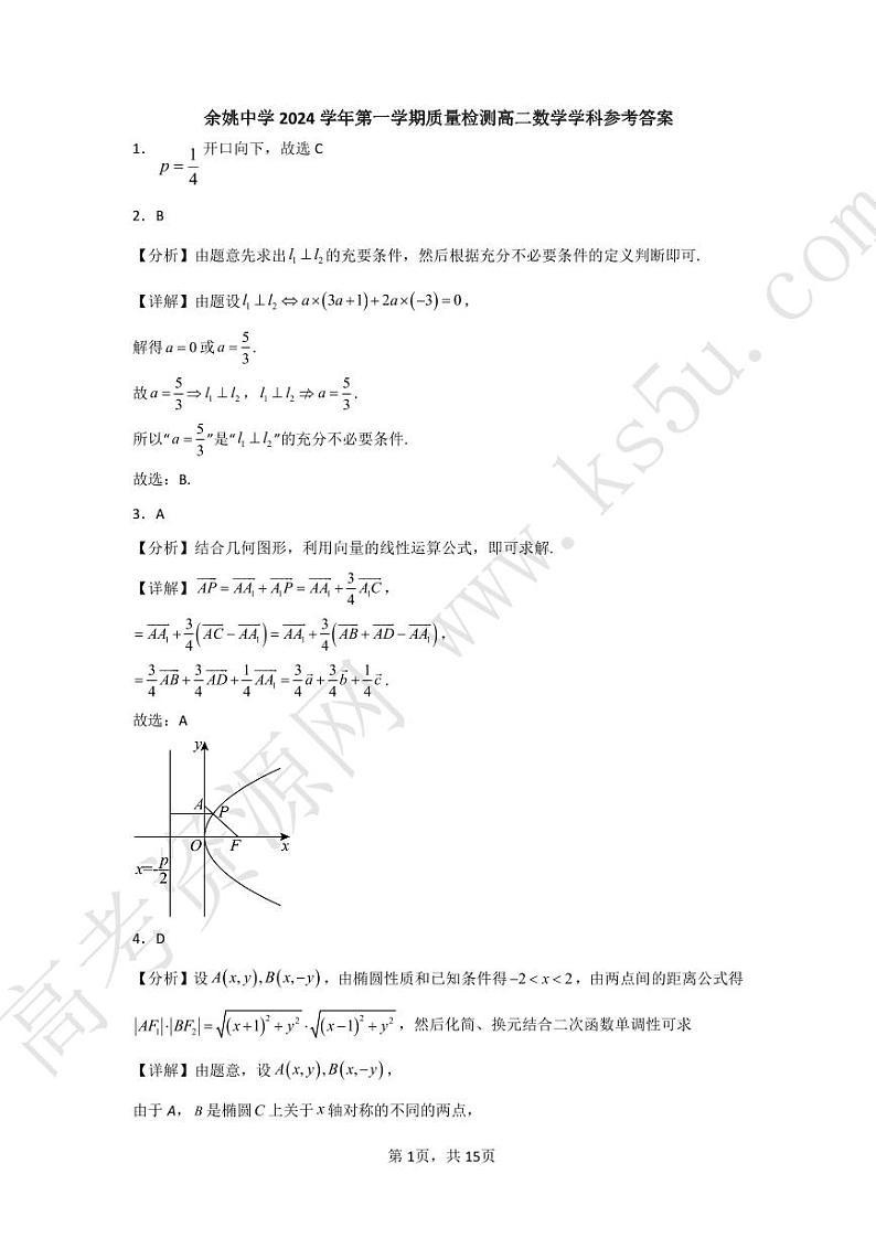 2024学年第一学期质量检测高二数学参考答案第1页