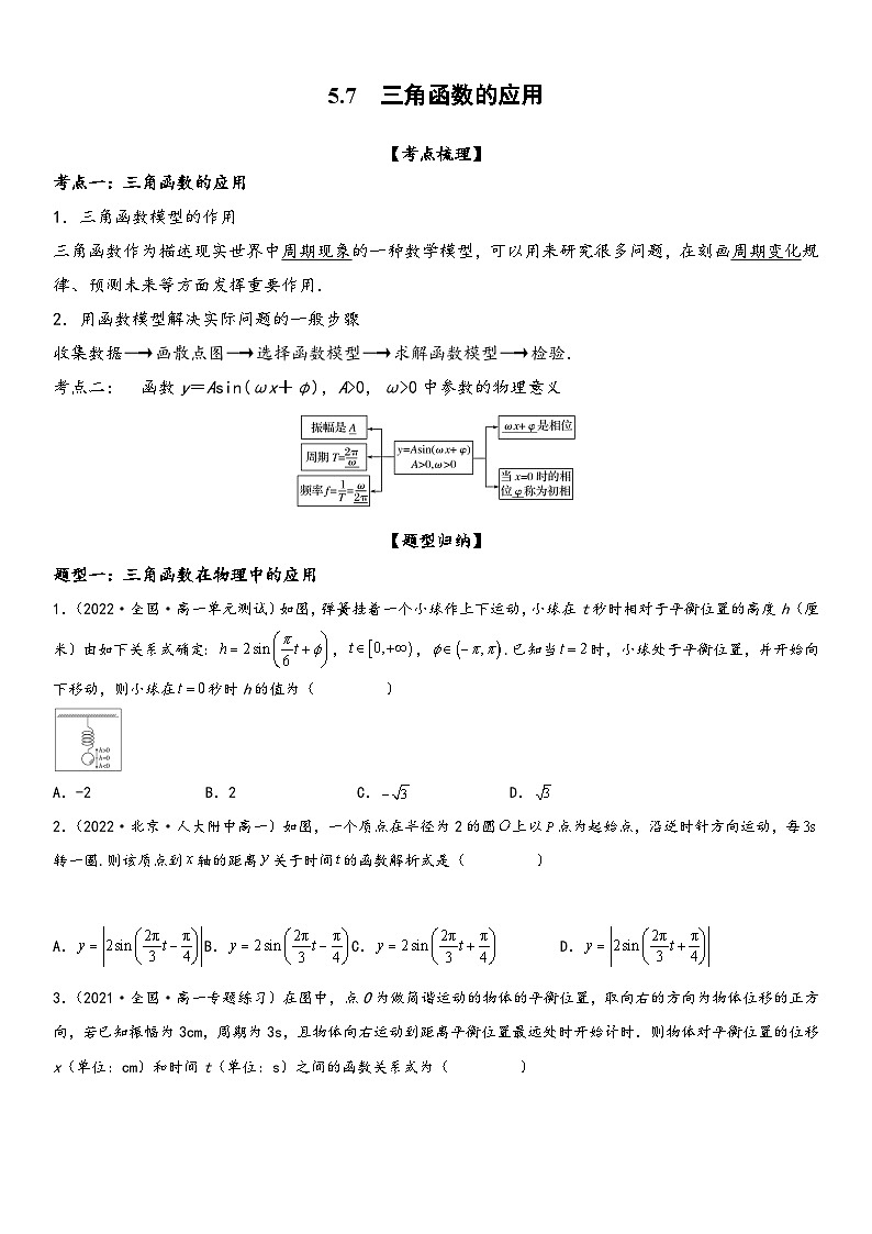 （人教A版2019必修第一册）高一数学精讲与精练高分突破系列5.7 三角函数的应用（附答案）第1页