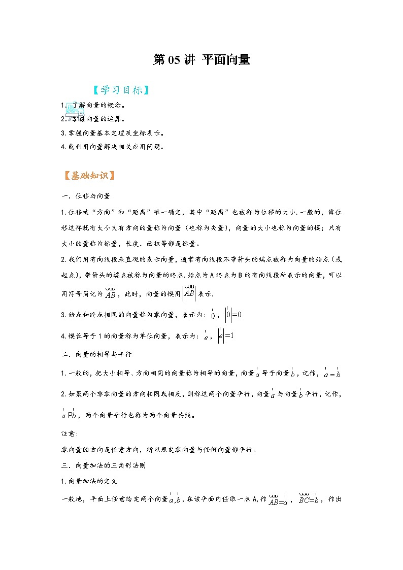 (苏教版2019必修第二册)高一数学寒假精品课第05讲平面向量(原卷版+解析)第1页