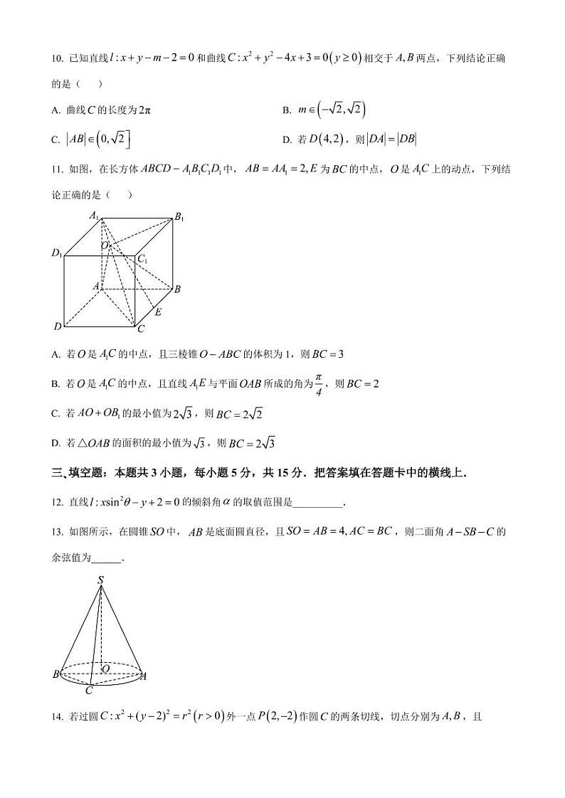 金太阳河南2024-2025学年高二上学期第二次月考数学试卷及答案第3页