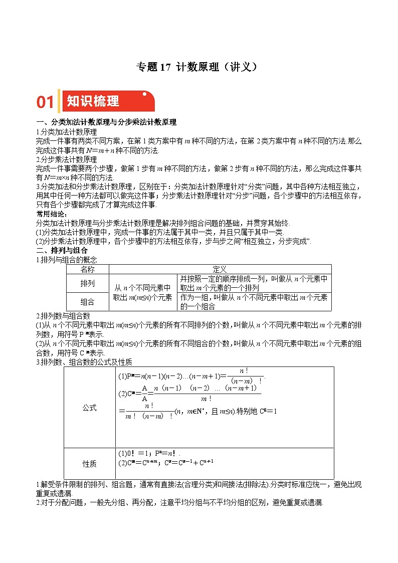 专题17 计数原理（讲义）-备战2025年高考数学一轮复习《重难点题型•高分突破》（上海专用）第1页