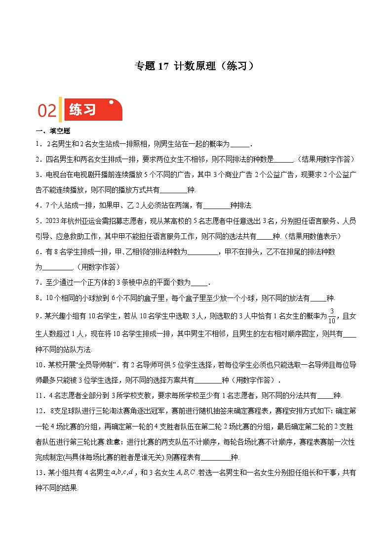 专题17 计数原理（练习）（原卷版）-备战2025年高考数学一轮复习《重难点题型•高分突破》（上海专用）第1页