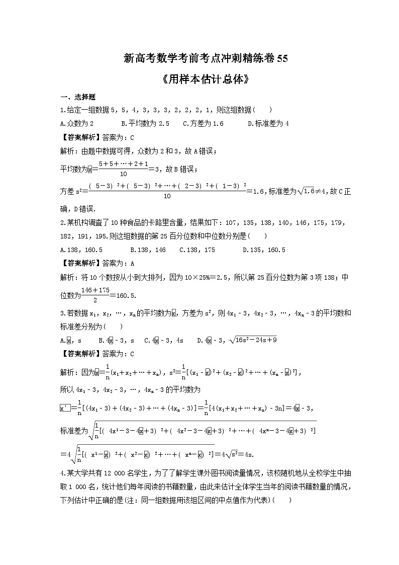 新高考数学考前考点冲刺精练卷55《用样本估计总体》（教师版）第1页