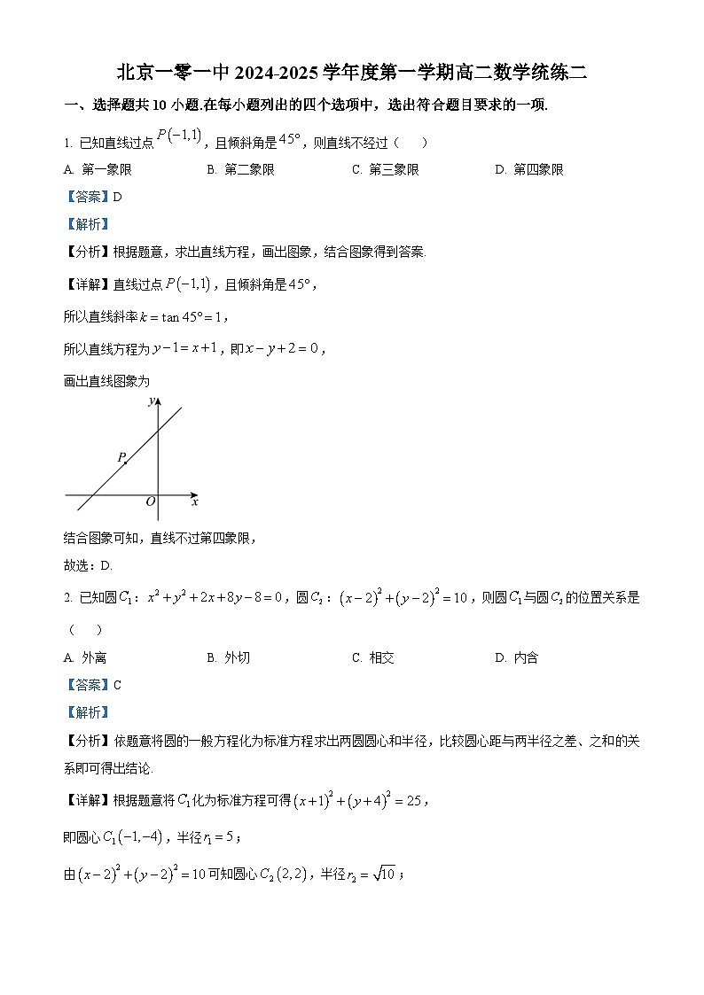 北京市第一○一中学2024-2025学年高二上学期统练二数学试题 Word版含解析第1页