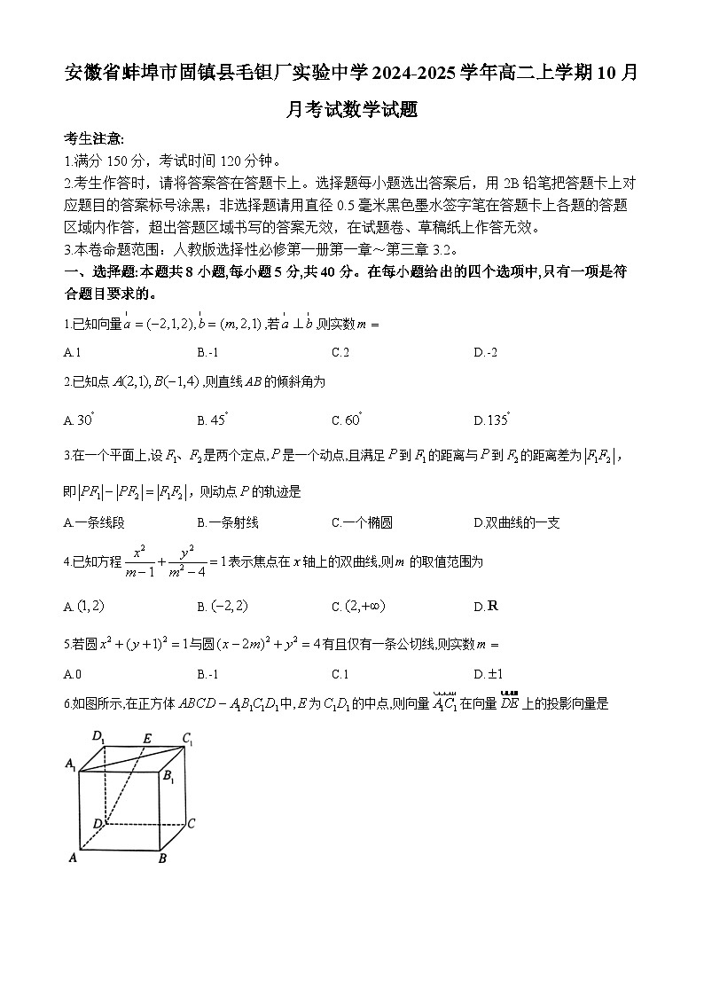 安徽省蚌埠市固镇县毛钽厂实验中学2024-2025学年高二上学期10月月考试数学试题第1页