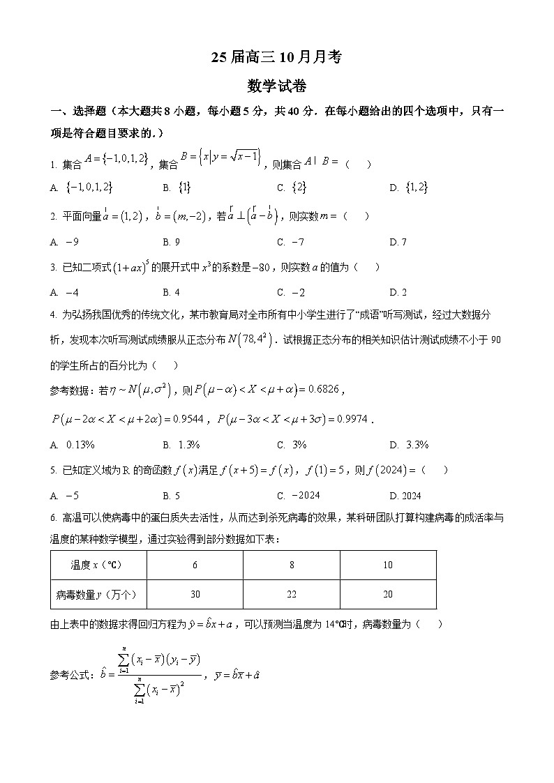四川省仁寿第一中学校南校区2025届高三上学期10月月考数学试题 Word版无答案第1页
