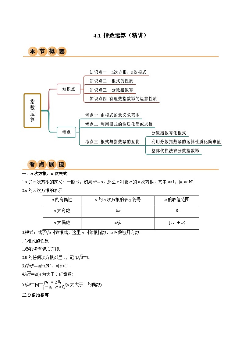 人教版高中数学必修一 精讲精练4.1 指数运算（精讲）（解析版）第1页