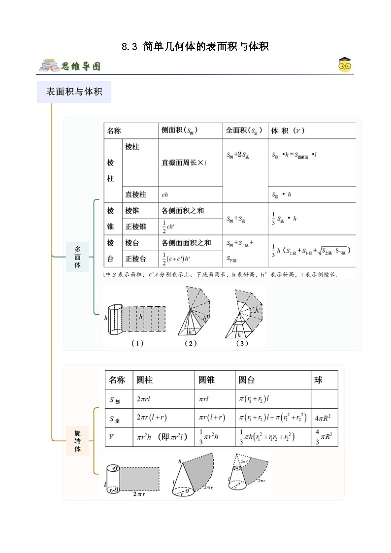 人教版高中数学必修二 精讲精练8.3 简单几何体的表面积与体积（2份，原卷版+解析版）01