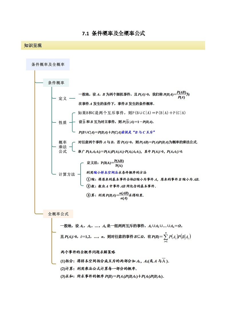 人教版高中数学选择性必修三 精讲精练7.1 条件概率及全概率（解析版）第1页