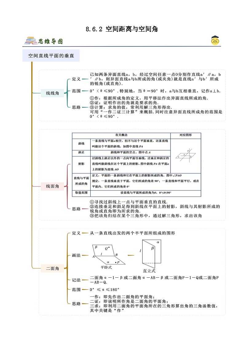 人教版高中数学必修二 精讲精练8.6.2 空间距离与空间角（2份，原卷版+解析版）01