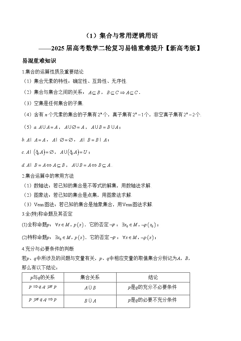 专题01 集合与常用逻辑用语（练习）-2025届高考数学二轮复习易错重难提升【新高考版】（含解析）第1页