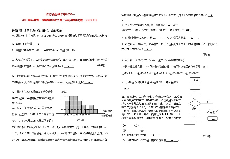 2022年江苏省盐城11高二数学上学期期中试卷会员独享第1页