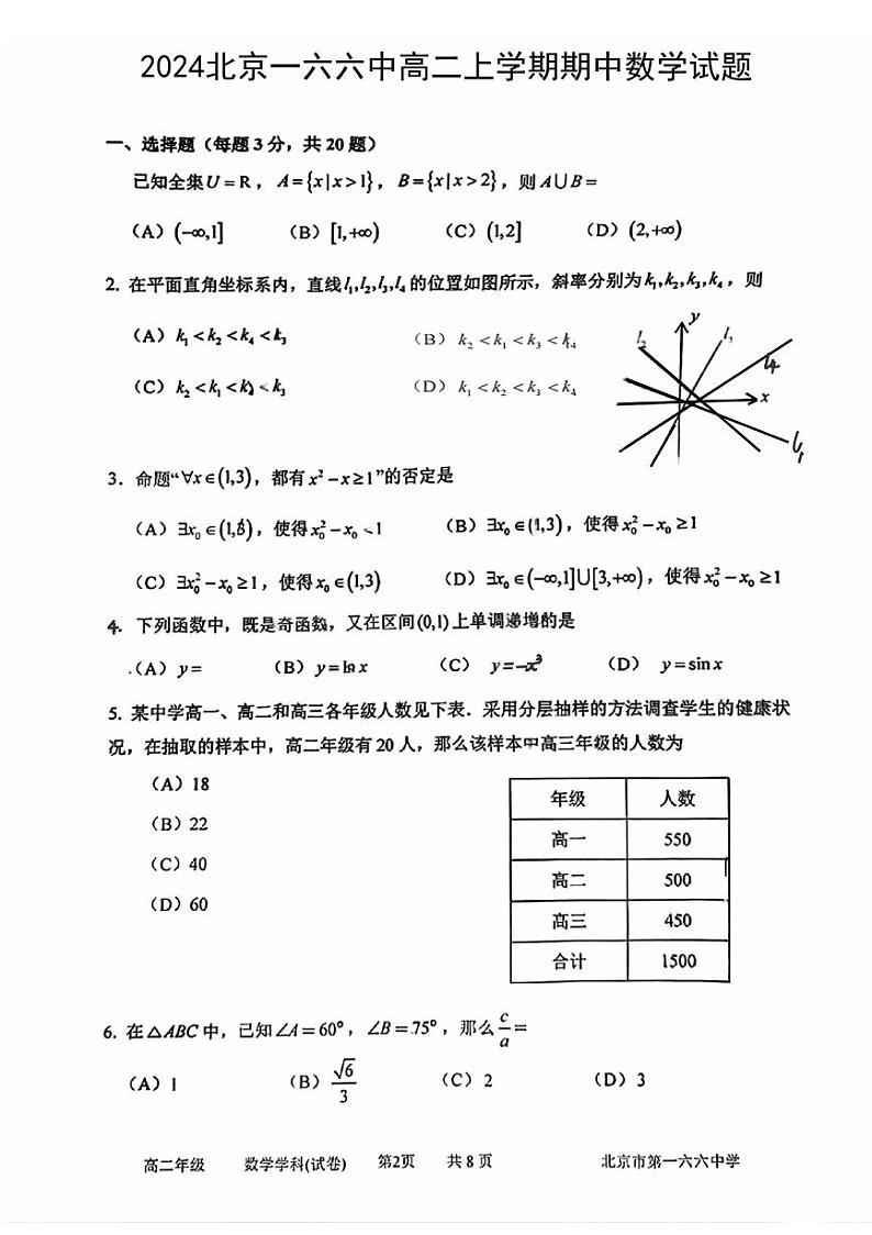2024北京一六六中高二上学期期中数学试题第1页