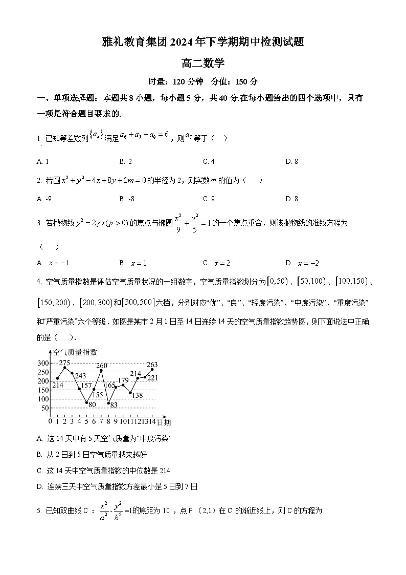 湖南省长沙市雅礼中学2024-2025学年高二上学期期中考试数学试卷（Word版附解析）01
