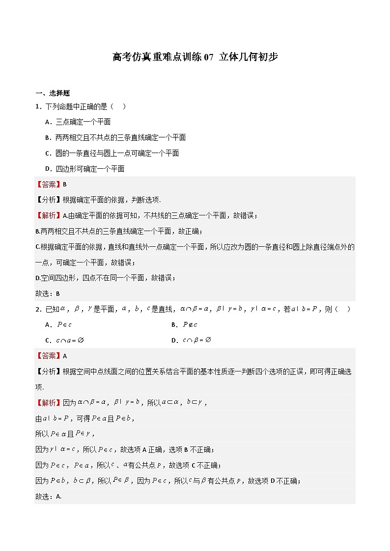 高考仿真重难点训练07  立体几何初步（解析版）第1页