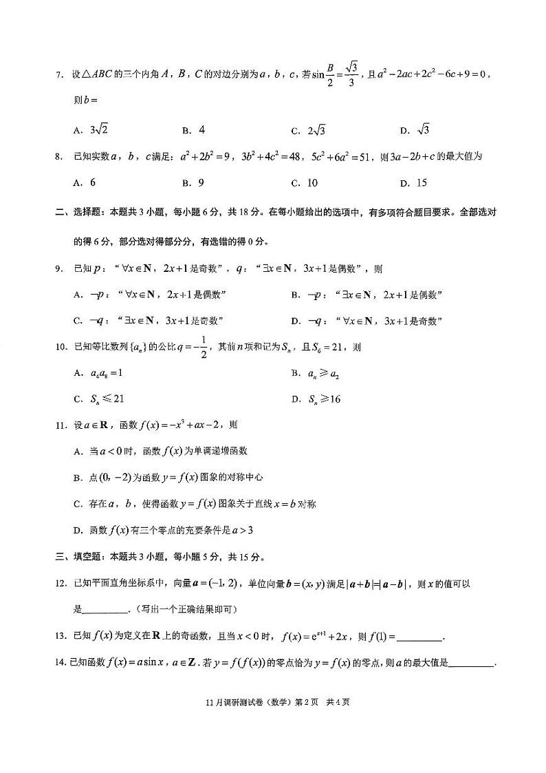 重庆市2024-2025学年高三上学期11月期中调研测试数学试题02