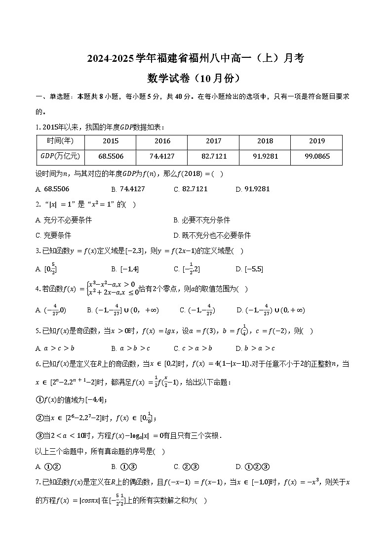 2024-2025学年福建省福州八中高一（上）月考数学试卷（10月份）（含答案）第1页