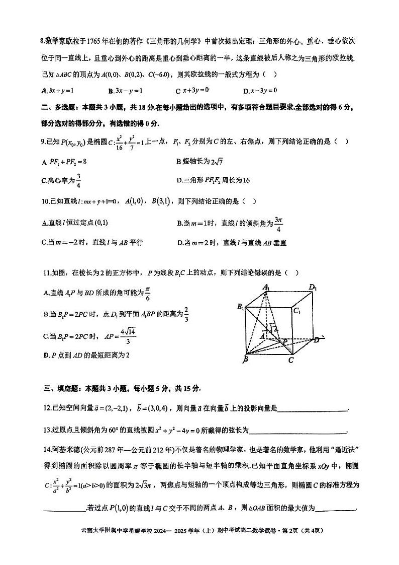 云南大学附属中学星耀学校2024-2025学年高二上学期期中考试数学试卷第2页