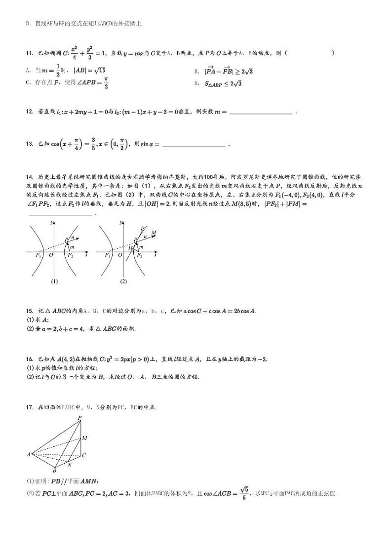 2024～2025学年江苏南京高二上学期期中数学试卷(11月学情调研测试)[原题+解析版]第2页