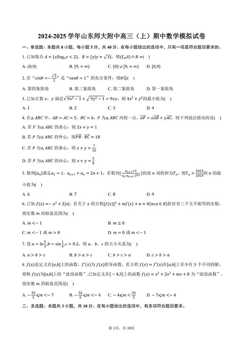2024～2025学年山东省济南市山东师大附中高三（上）期中数学模拟试卷（含答案）第1页