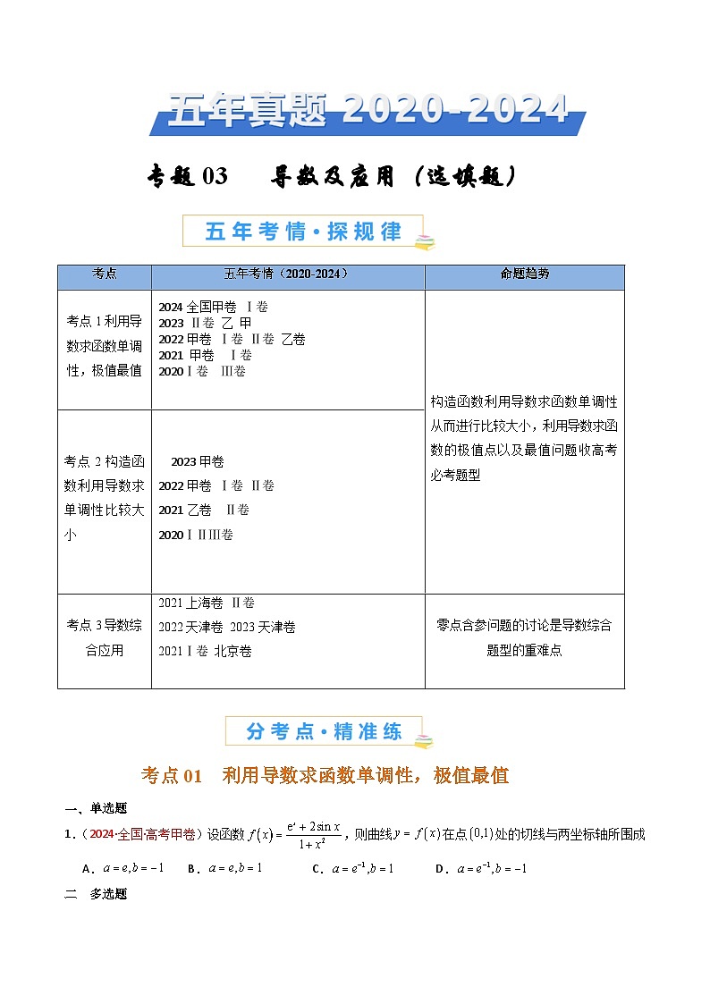 2025年高频考点归纳与方法总结(新高考通用)专题03导数及其应用(选填题)-五年(2020-2024)高考数学真题分类汇编(全国通用)(学生版+解析)第1页