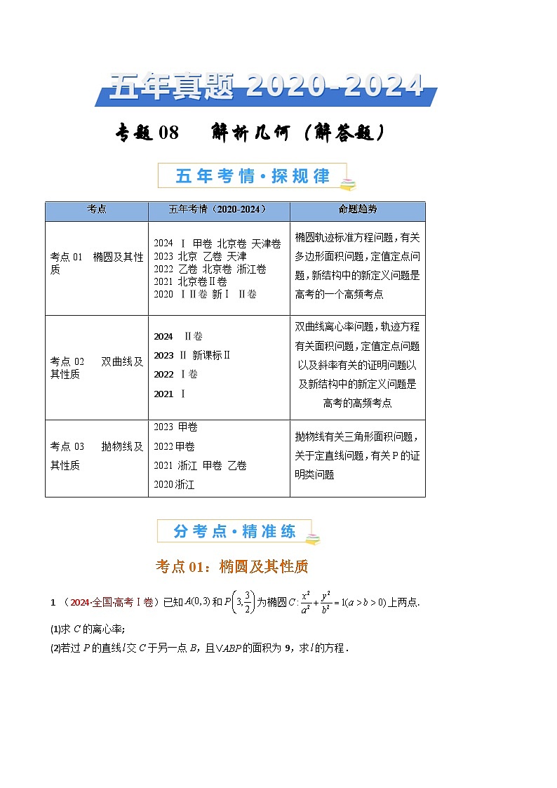 2025年高频考点归纳与方法总结(新高考通用)专题08解析几何(解答题)-五年(2020-2024)高考数学真题分类汇编(学生版+解析)第1页