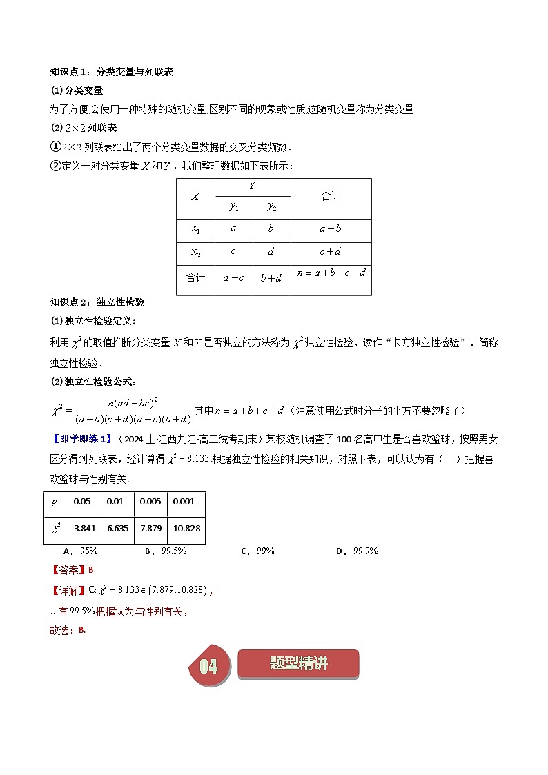 人教A版数学(选择性必修三讲义)第21讲8.3列联表与独立性检验(8.3.1分类变量与列联表+8.3.2独立性检验)(学生版+解析)02