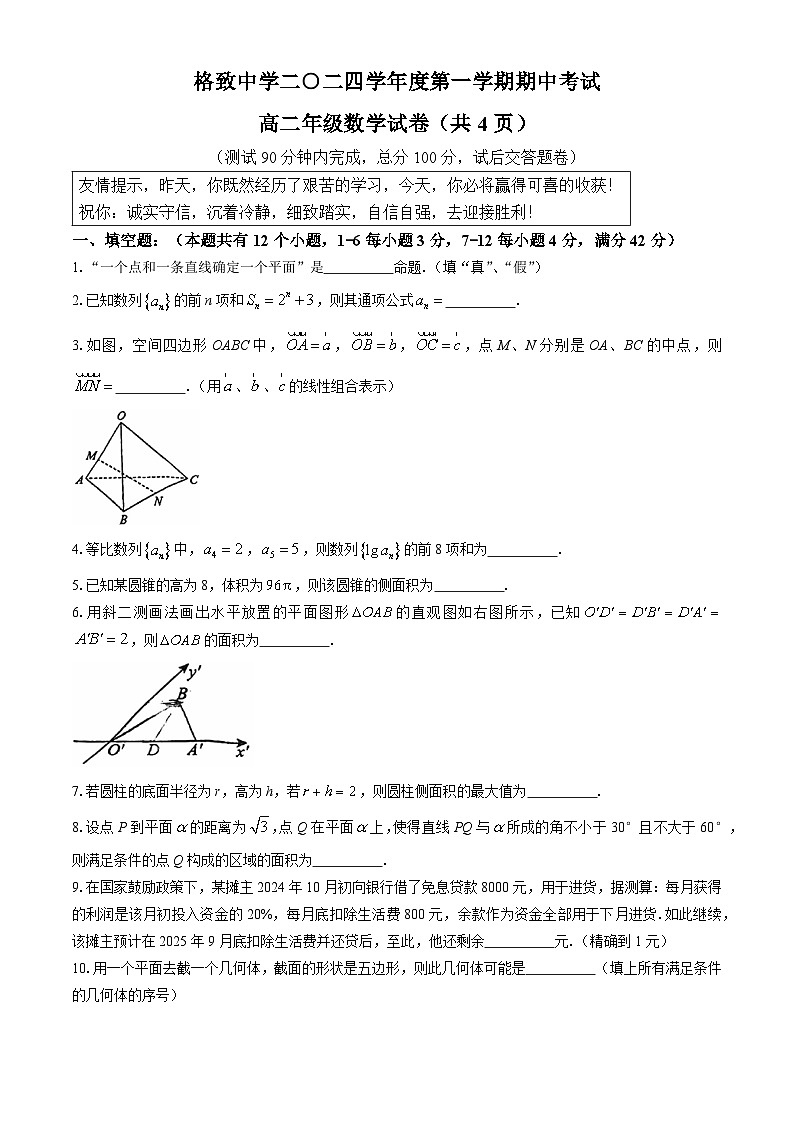 上海市格致中学2024-2025学年高二上学期期中考试数学试卷(无答案)01