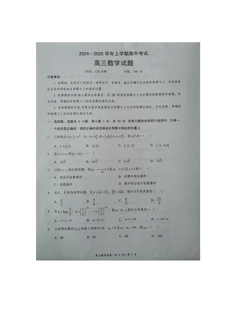 湖北省新高考联考协作体2024-2025学年高三上学期11月期中考试数学试题01